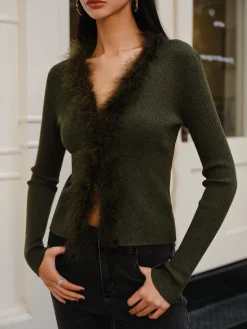 Feather Trim Wool-Blend Slim Sweater Sweater Tops|Sweaters & Cardigans