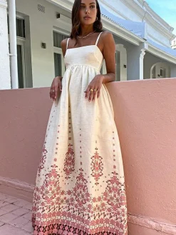 Online Floral Print Spaghetti Strap Long Dress White Dresses|Casual Dresses