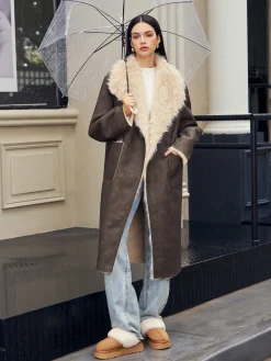 Online Fuzzy Lined Faux Leather Winter Coat Outerwear|Coats