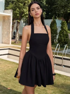 Best Halter Panel Corset Short Dress Black Dresses|Casual Dresses