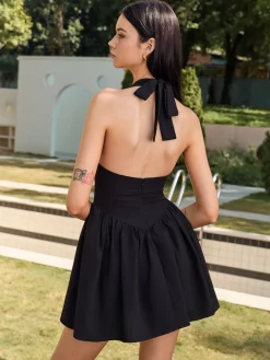 Best Halter Panel Corset Short Dress Black Dresses|Casual Dresses