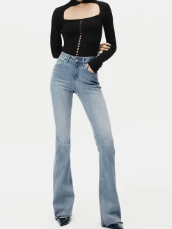 High-Waist Denim Bootcut Jeans Jeans|Pants