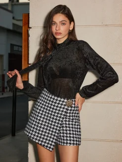 Online High-Waist Metal-Button Houndstooth Shorts Shorts|Bottoms
