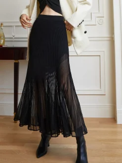 Online Knit Pleated Semi-sheer Maxi Skirt Skirts|Knitwear