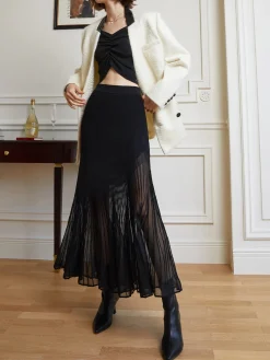 Online Knit Pleated Semi-sheer Maxi Skirt Skirts|Knitwear