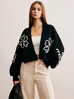 Outlet Knit-Floral Short Outerwear Sweater Tops|Outerwear