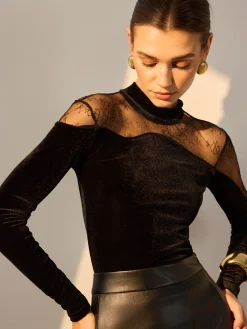 Lace Panel Velvet Slim Blouse Blouses & Shirts|Tops