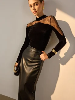 Lace Panel Velvet Slim Blouse Blouses & Shirts|Tops