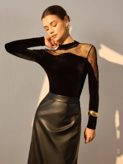Lace Panel Velvet Slim Blouse Blouses & Shirts|Tops