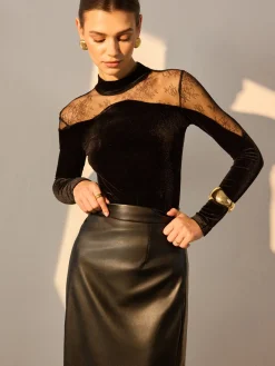 Lace Panel Velvet Slim Blouse Blouses & Shirts|Tops