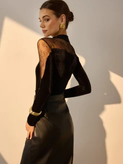 Lace Panel Velvet Slim Blouse Blouses & Shirts|Tops