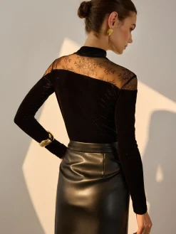 Lace Panel Velvet Slim Blouse Blouses & Shirts|Tops