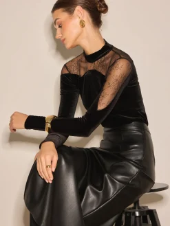 Lace Panel Velvet Slim Blouse Blouses & Shirts|Tops