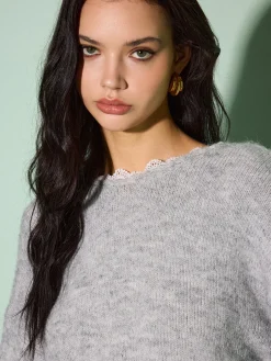 Online Lace Trim Bow-Decor Draped Sweater Sweater Tops|Sweaters & Cardigans