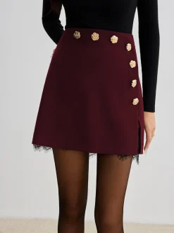 New Lace Trim Metal-Flower Zipper Skirt Skirts|Bottoms