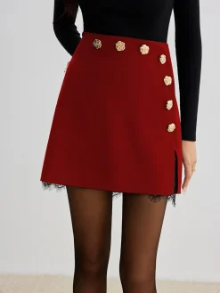 New Lace Trim Metal-Flower Zipper Skirt Skirts|Bottoms
