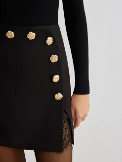 Hot Lace Trim Metal-Flower Zipper Skirt Skirts|Bottoms