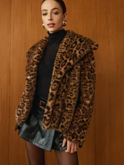 Sale Leopard Printed Faux Fur Warm Coat Outerwear|Coats