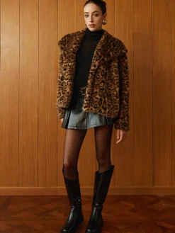 Sale Leopard Printed Faux Fur Warm Coat Outerwear|Coats