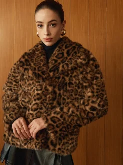 Sale Leopard Printed Faux Fur Warm Coat Outerwear|Coats