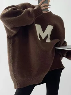 New Letter Printed Loose Sweater Sweater Tops|Sweaters & Cardigans