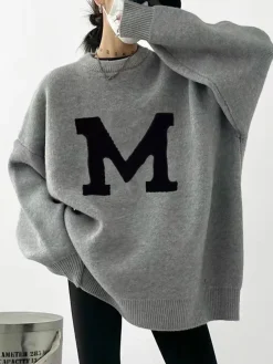 Discount Letter Printed Loose Sweater Sweater Tops|Sweaters & Cardigans