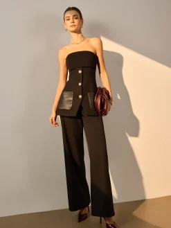 Hot Metal Button Pockets Slit Tube Top Tank Tops & Camis|Tops