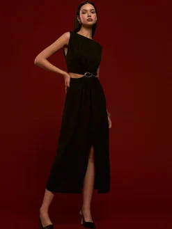 New Metal-Ring Cutout Pleated Dress Black Dresses|Casual Dresses