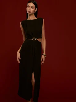 New Metal-Ring Cutout Pleated Dress Black Dresses|Casual Dresses
