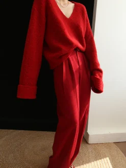 Middle Waist Pleated Tape Pants Long Sleeve Sets|Pants