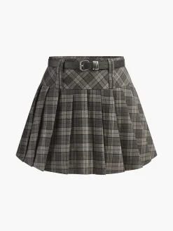 Online Mid-Waist Checked Pleated Skirt With Belt Skirts|Bottoms