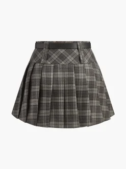 Online Mid-Waist Checked Pleated Skirt With Belt Skirts|Bottoms