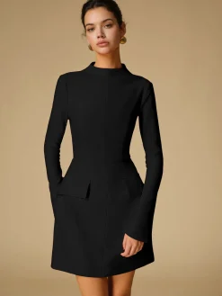 Clearance Minimalist Plain Mock Neck Dress White Dresses|Black Dresses