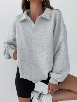 New Minimalist Plain Polo Sweatshirt Sweatshirts & Hoodies|Tops
