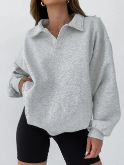 New Minimalist Plain Polo Sweatshirt Sweatshirts & Hoodies|Tops