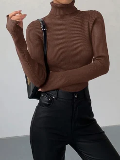 Online Minimalist Turtleneck Slim Knit Top Sweater Tops|Sweaters & Cardigans