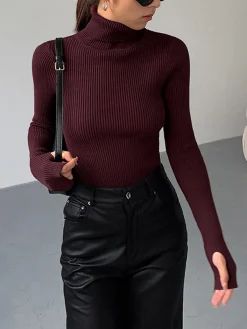 Online Minimalist Turtleneck Slim Knit Top Sweater Tops|Sweaters & Cardigans