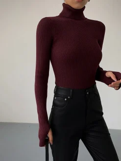 Online Minimalist Turtleneck Slim Knit Top Sweater Tops|Sweaters & Cardigans