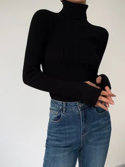 Online Minimalist Turtleneck Slim Knit Top Sweater Tops|Sweaters & Cardigans