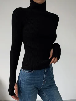 Online Minimalist Turtleneck Slim Knit Top Sweater Tops|Sweaters & Cardigans