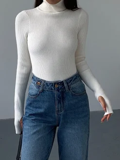 Online Minimalist Turtleneck Slim Knit Top Sweater Tops|Sweaters & Cardigans