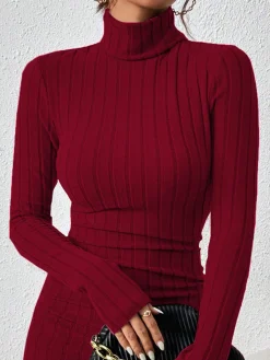 New Mock Neck Hip-Covering Ribbed Dress Casual Dresses|Work Dresses