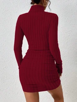 New Mock Neck Hip-Covering Ribbed Dress Casual Dresses|Work Dresses