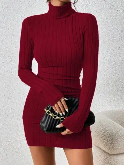 New Mock Neck Hip-Covering Ribbed Dress Casual Dresses|Work Dresses
