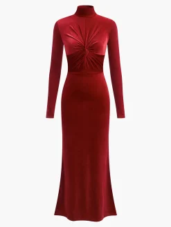 New Mock Neck Knotted Velvet Dress Cocktail & Party Dresses|Long Dresses