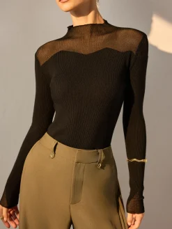 Clearance Mock Neck Mesh Panel Slim Sweater Sweater Tops|Sweaters & Cardigans