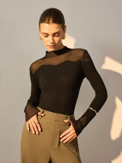 Clearance Mock Neck Mesh Panel Slim Sweater Sweater Tops|Sweaters & Cardigans
