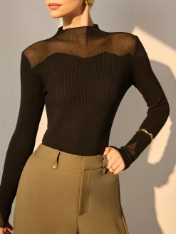 Clearance Mock Neck Mesh Panel Slim Sweater Sweater Tops|Sweaters & Cardigans