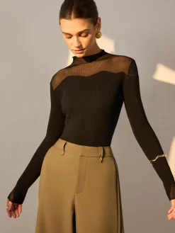 Clearance Mock Neck Mesh Panel Slim Sweater Sweater Tops|Sweaters & Cardigans