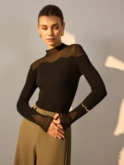 Clearance Mock Neck Mesh Panel Slim Sweater Sweater Tops|Sweaters & Cardigans